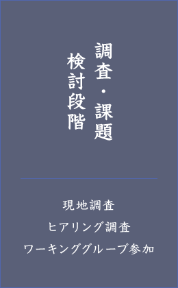 調査・課題検討段階 ・現地調査 ・ヒアリング調査 ・ワーキンググループ参加